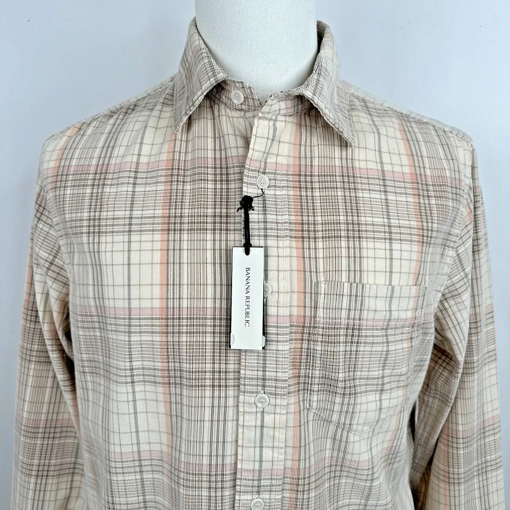 NWT Banana Republic Standard Fit Lightweight Corduroy Shirt MEDIUM‎ Cream Plaid